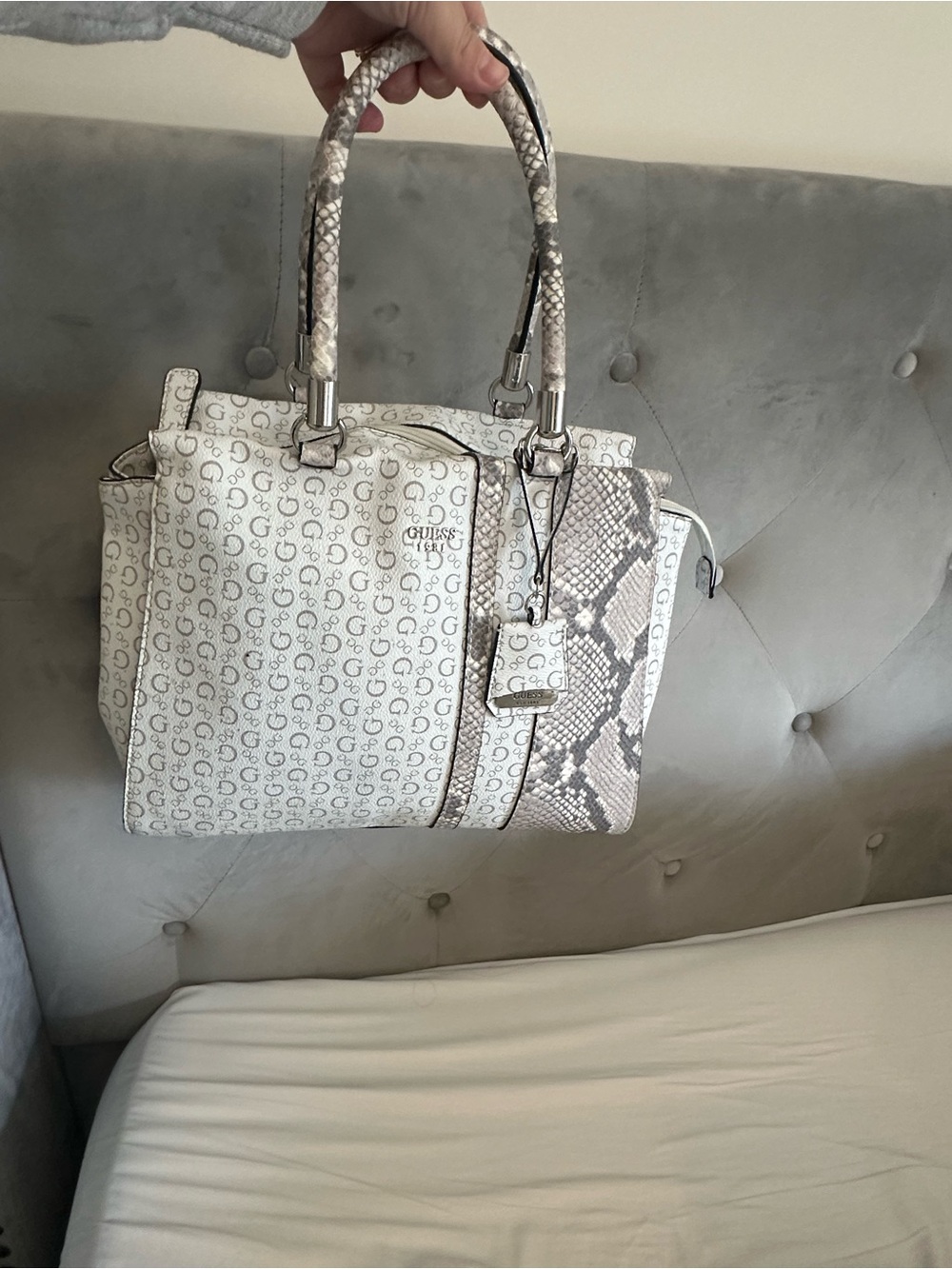 Guess White Logo & Snake-Accent Satchel